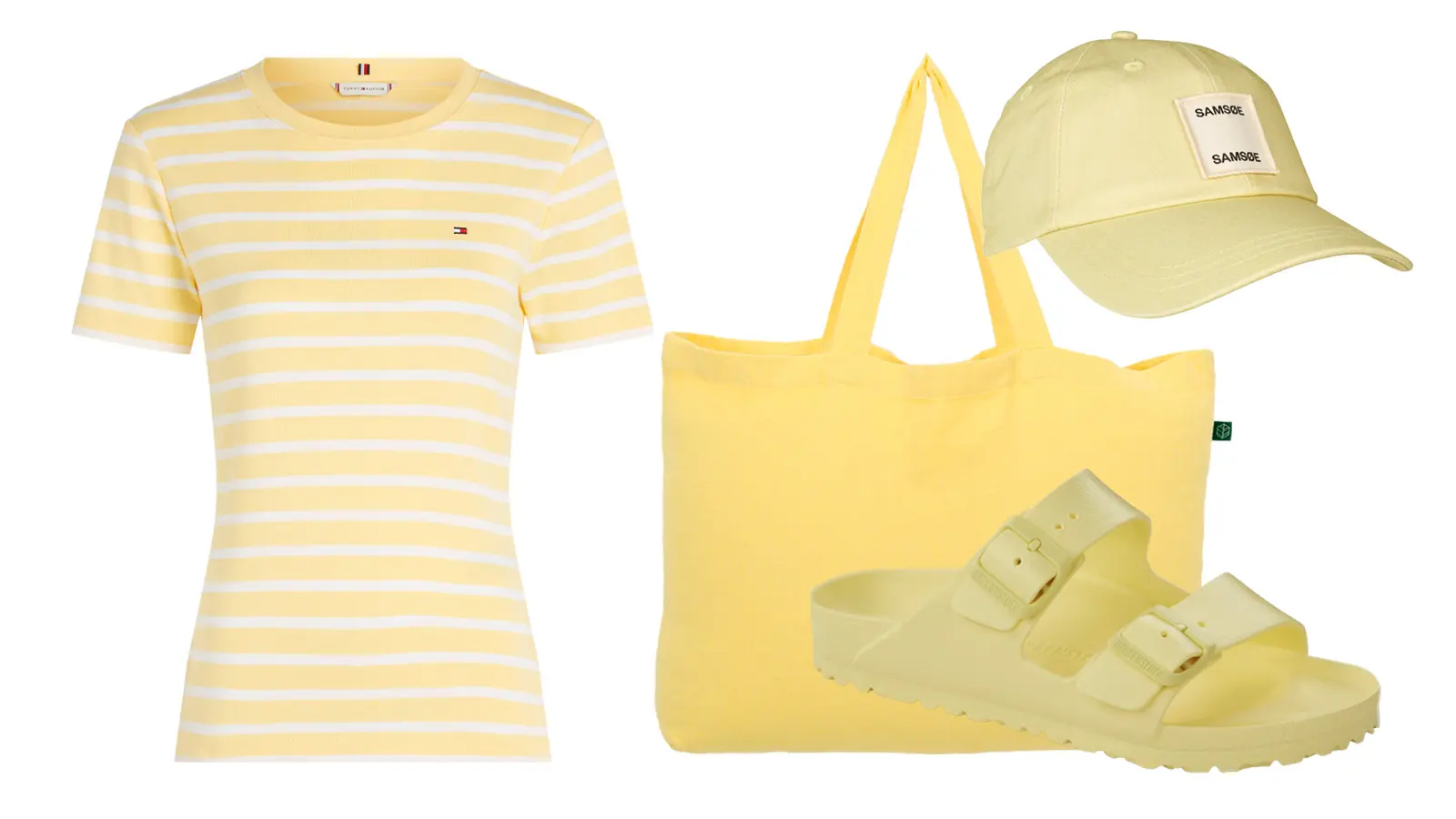 Vaaleankeltaisia asusteita ja paita