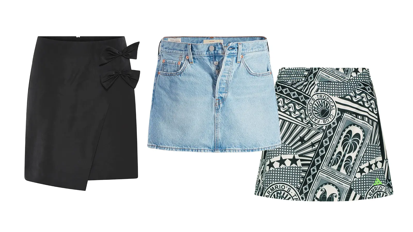 Kolme minihametta: Bruuns Bazaar, Levi's, Adidas