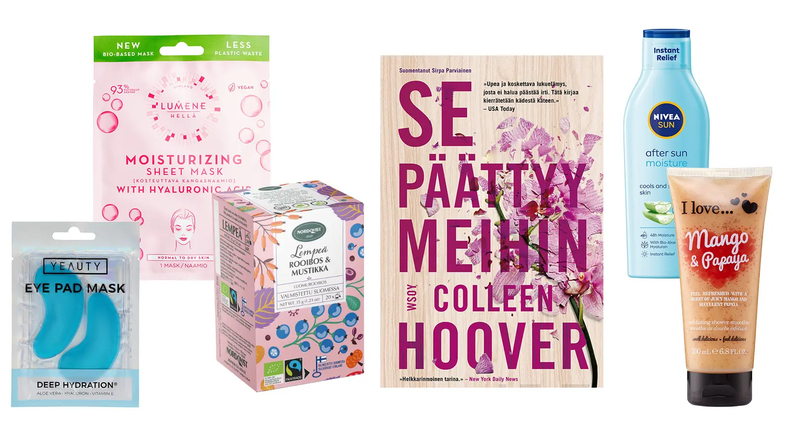 Kasvonaamioita, kosmetiikkaa ja kirja