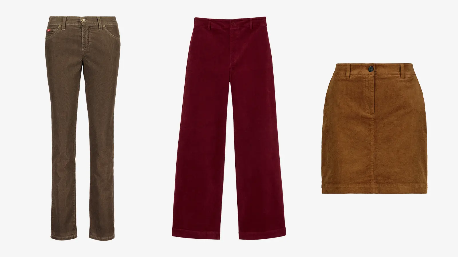 Ruskeat vakosamettihousut, tummanpunaiset vakosamettihousut ja ruskea lyhyt vakosamettihame