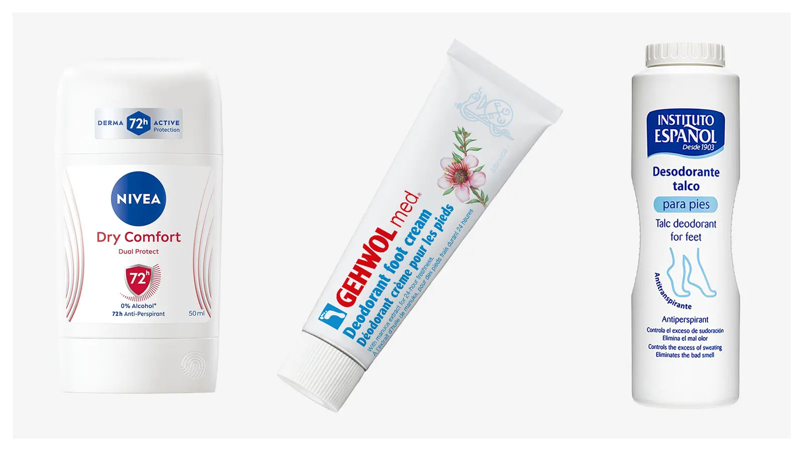 NIVEA Dry Comfort Deo Stick -antiperspirantti, GEHWOL Med deodorant foot cream jalkavoide ja Instituto Español Antiperspiranttinen jalkatalkki