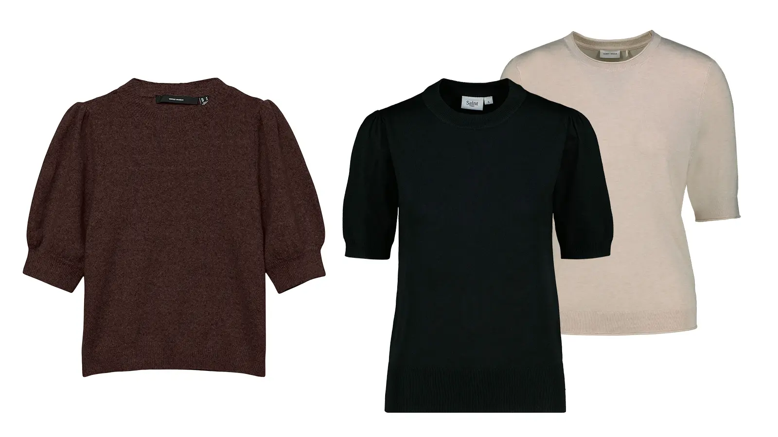 Ruskea, musta ja beige lyhythihainen neule