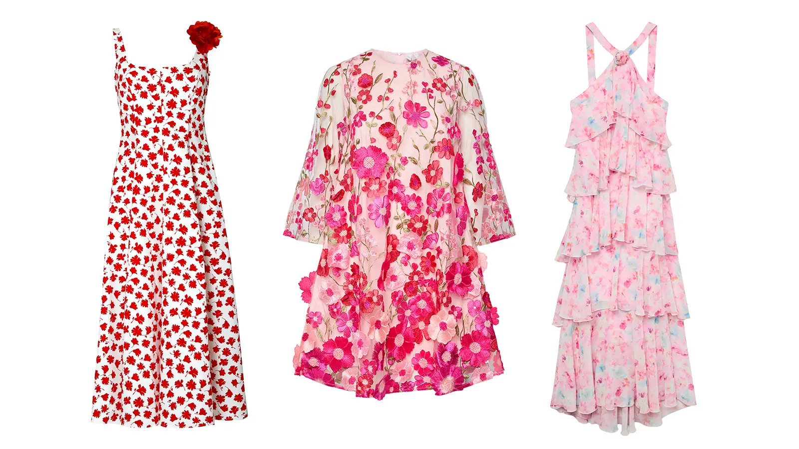 Kolme kukkamekkoa, väreina vaaleanpunainen, punainen ja valkoinen.