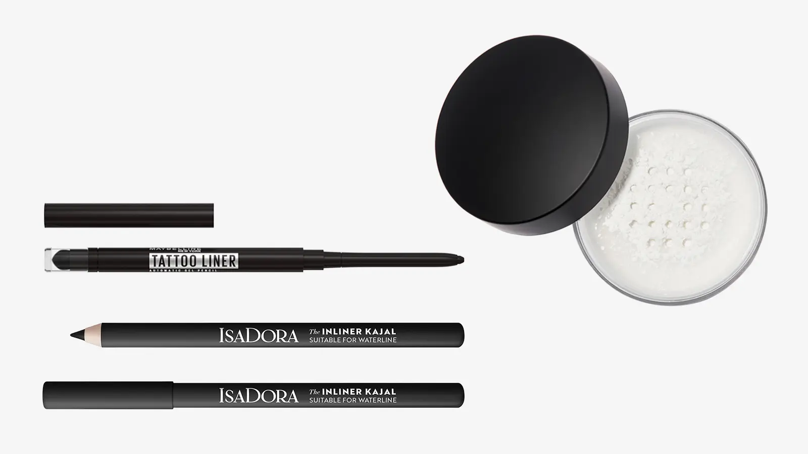 Maybelline New York Tattoo Liner Automatic Gel pencil 10 Pitch Black silmänrajauskynä, IsaDora The Inliner Kajal, Anastasia Beverly Hills Loose Setting Powder irtopuuteri
