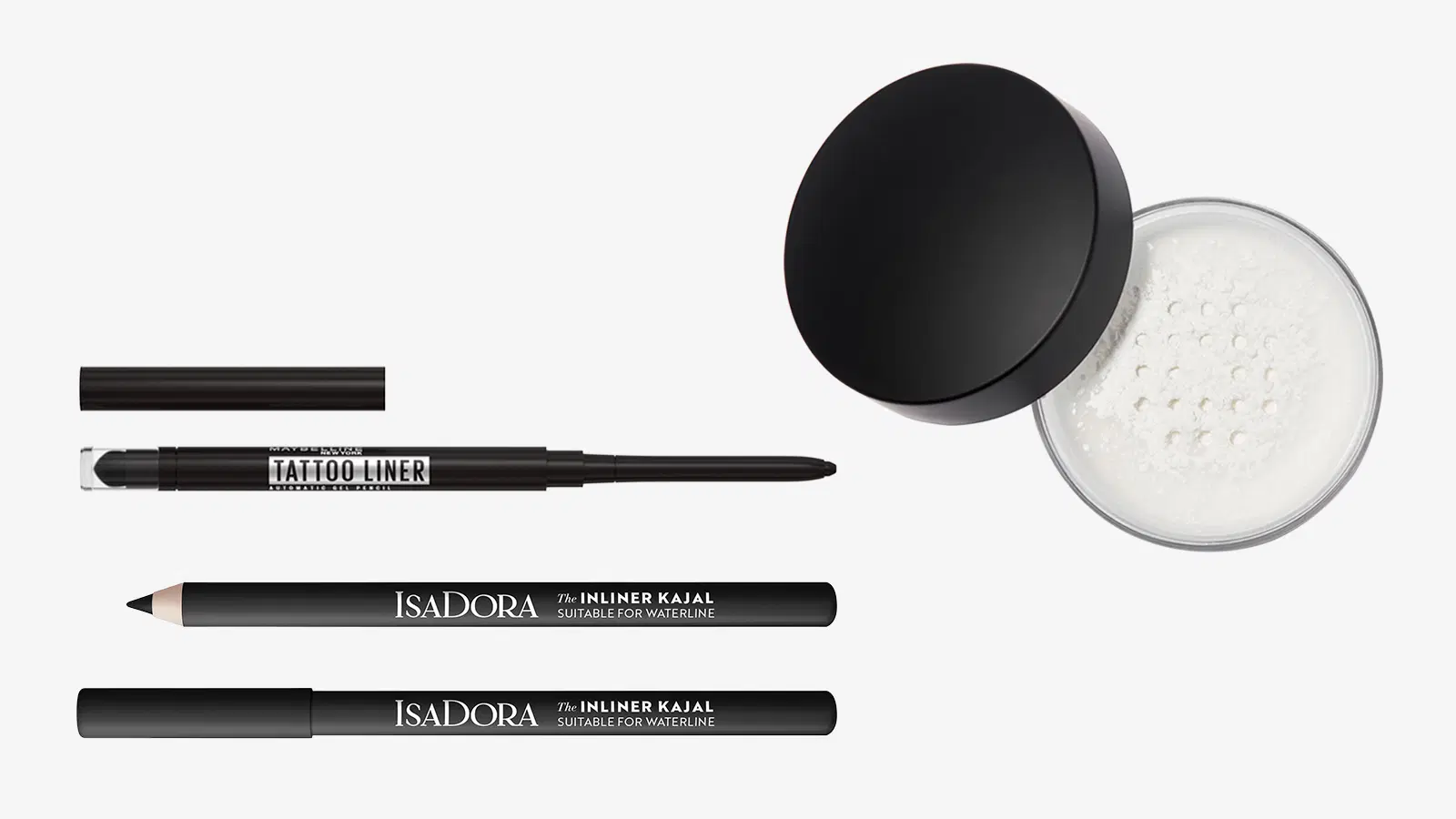 Maybelline New York Tattoo Liner Automatic Gel pencil 10 Pitch Black silmänrajauskynä, IsaDora The Inliner Kajal, Anastasia Beverly Hills Loose Setting Powder irtopuuteri