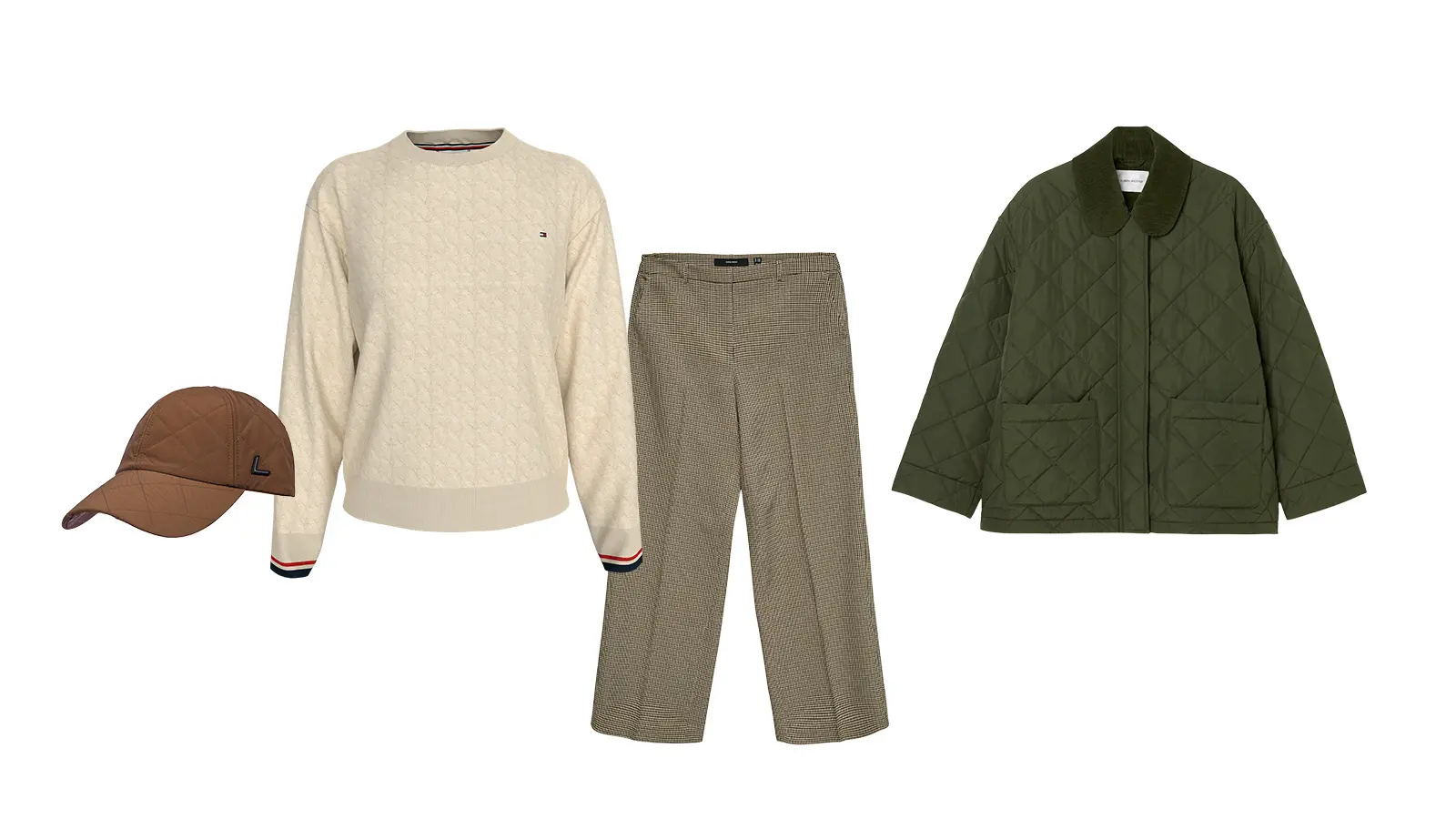 Neule, lippis, housut ja takki