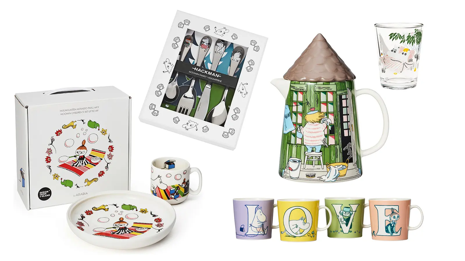 Erilaisia muumiteemaisia astioita