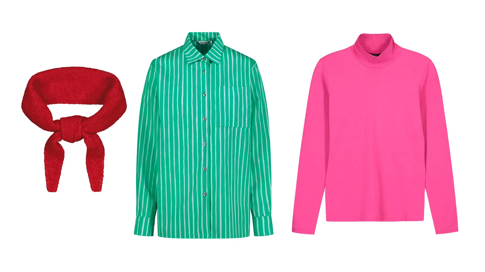 Punainen huivi, turkoosi raitapaita ja pinkki poolopaita