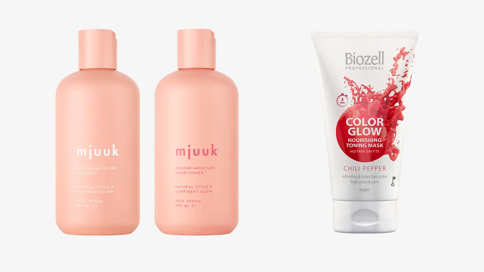 mjuuk Colour+Moisture shampoo, Mjuuk Colour+Moisture hoitoaine, Biozell Color Glow Hoitava sävytenaamio Mask Chili Pepper