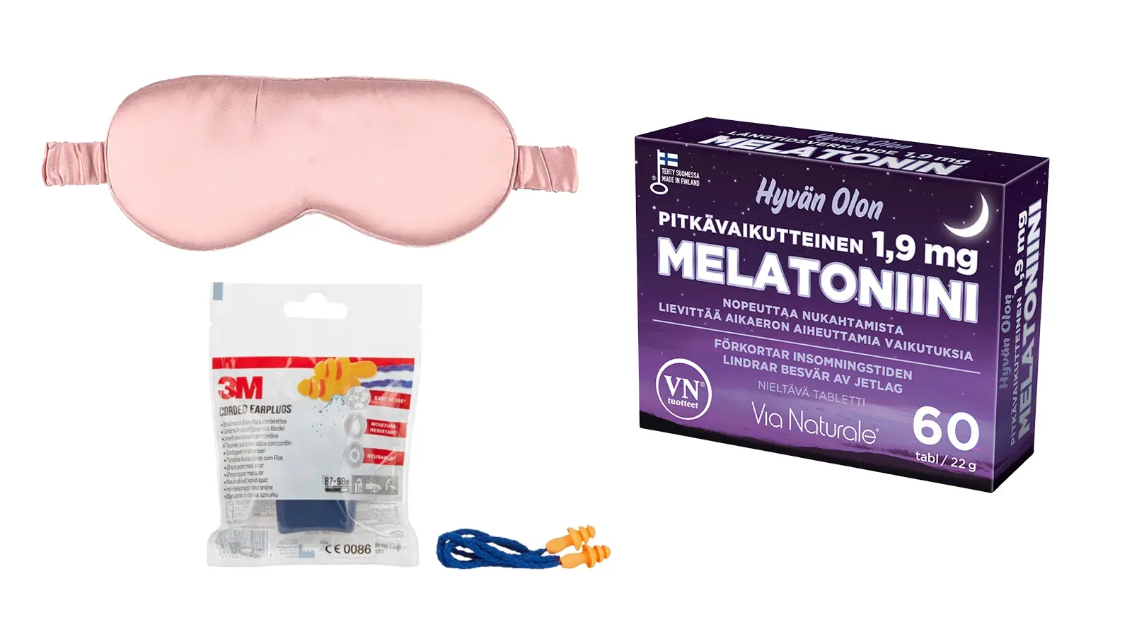 Unimaski, melatoniinia ja korvatulpat