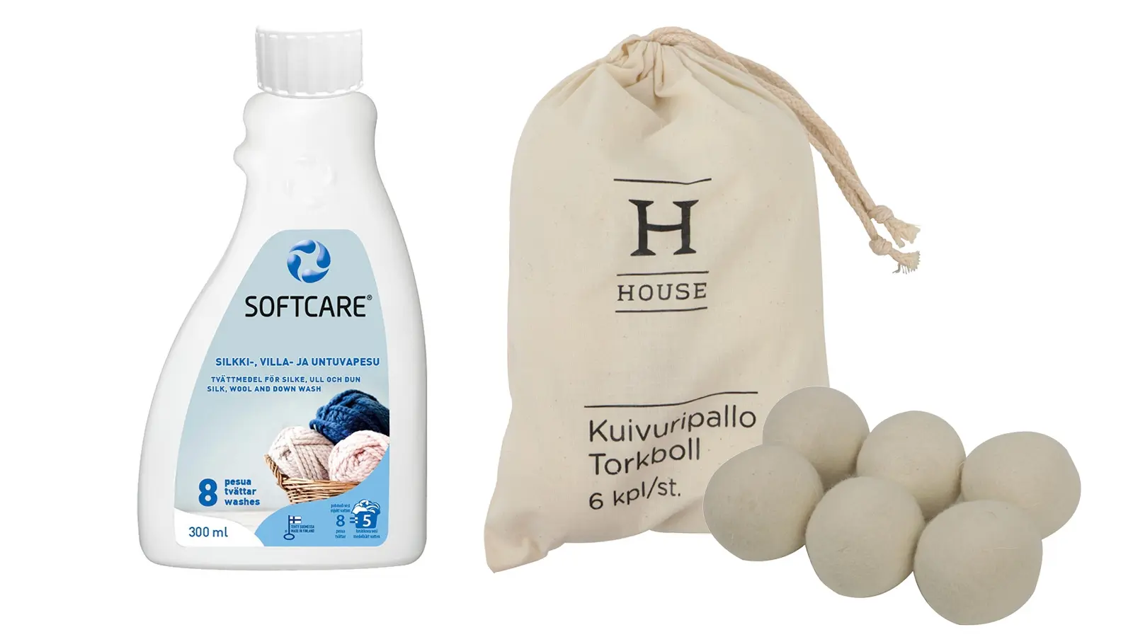Hellävarainen pyykinpesuaine ja kuivuripalloja