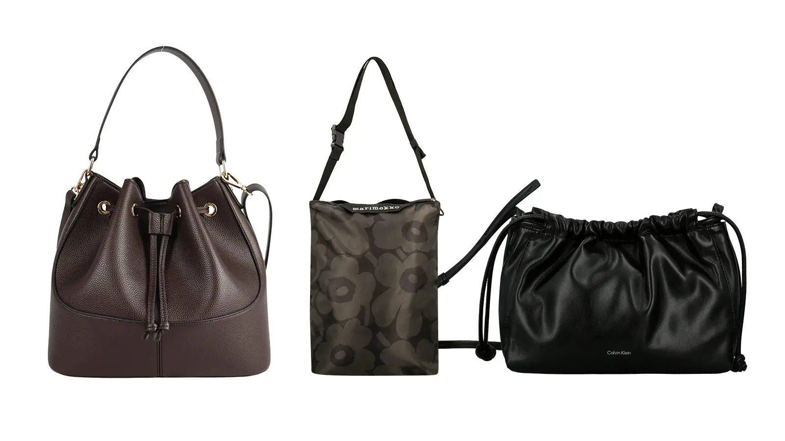Kolme bucket bag -laukkua: House, Marimekko ja Calvin Klein.