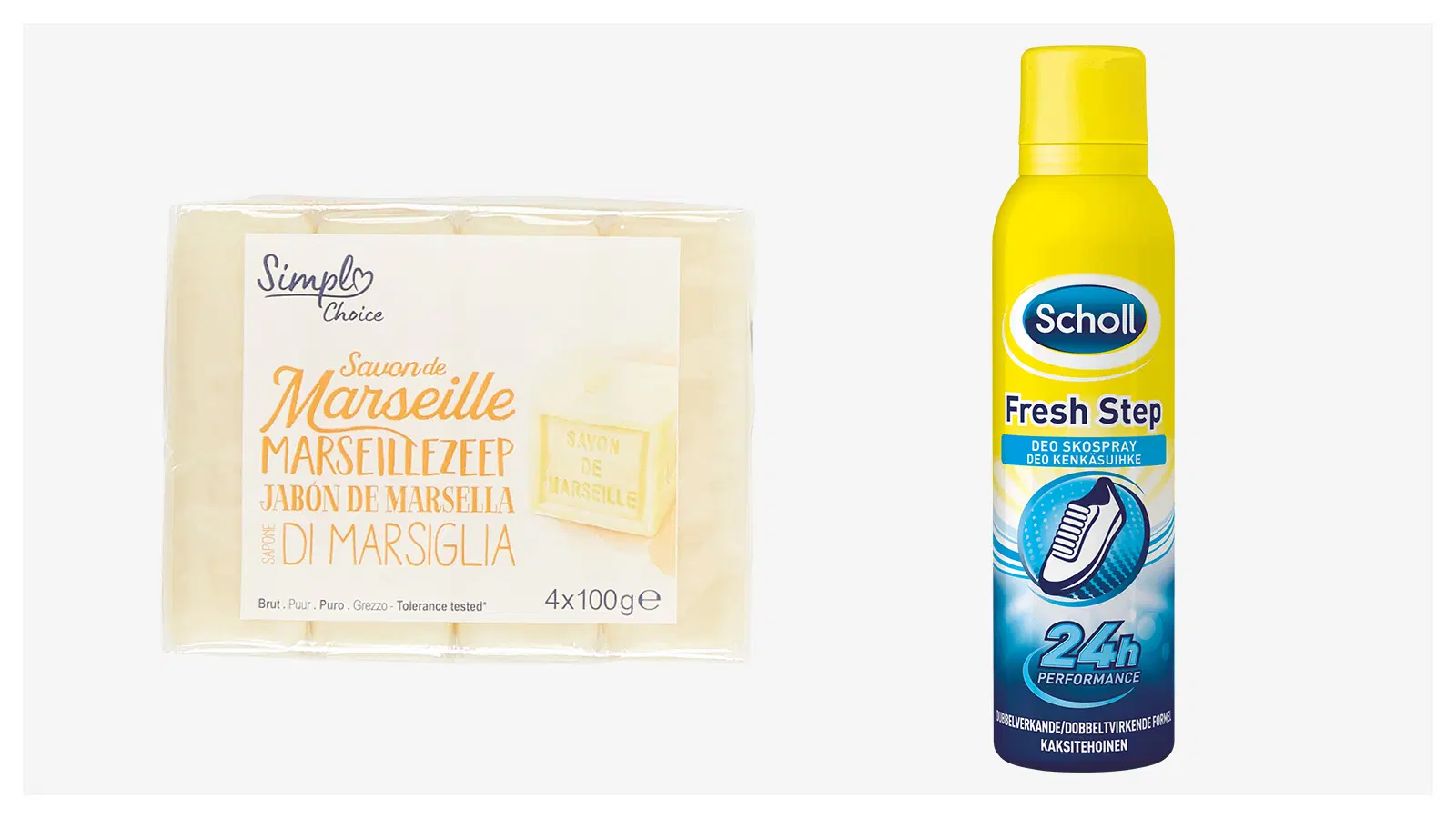 Simple Choice Marseille-palasaippua ja Scholl Fresh Step Deo -kenkäsuihke
