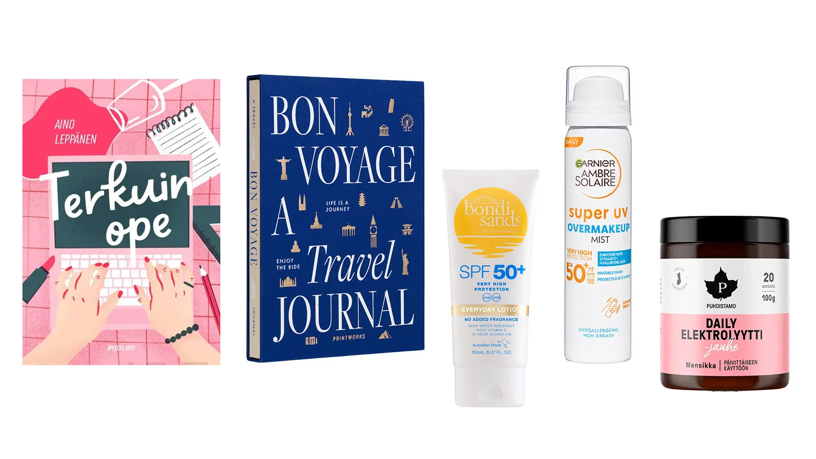 Kirjoja, aurinkorasvoja ja elektrolyyttijauhe