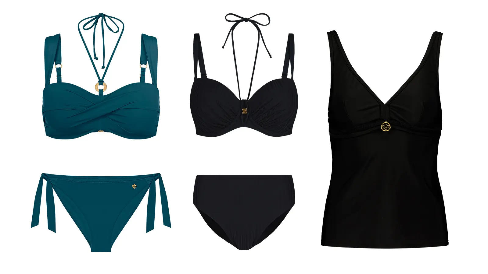 Vihreä ja musta bikinin yläosa ja alaosa, musta uimapuvun toppimainen yläosa.