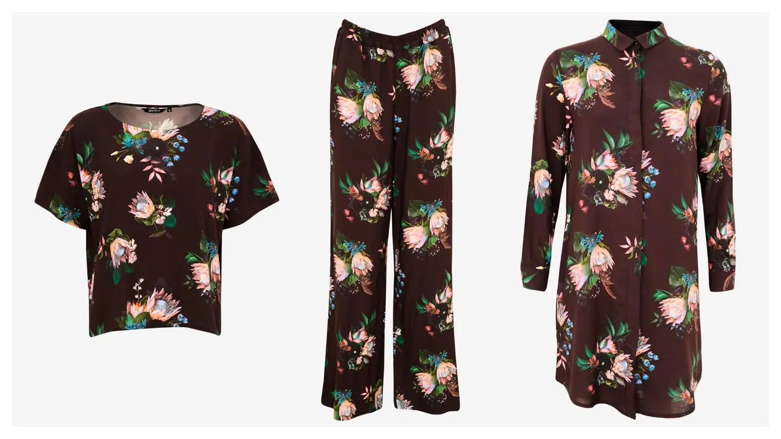 Lyhythihainen pusero, housut ja paitamekko kukkakuosilla