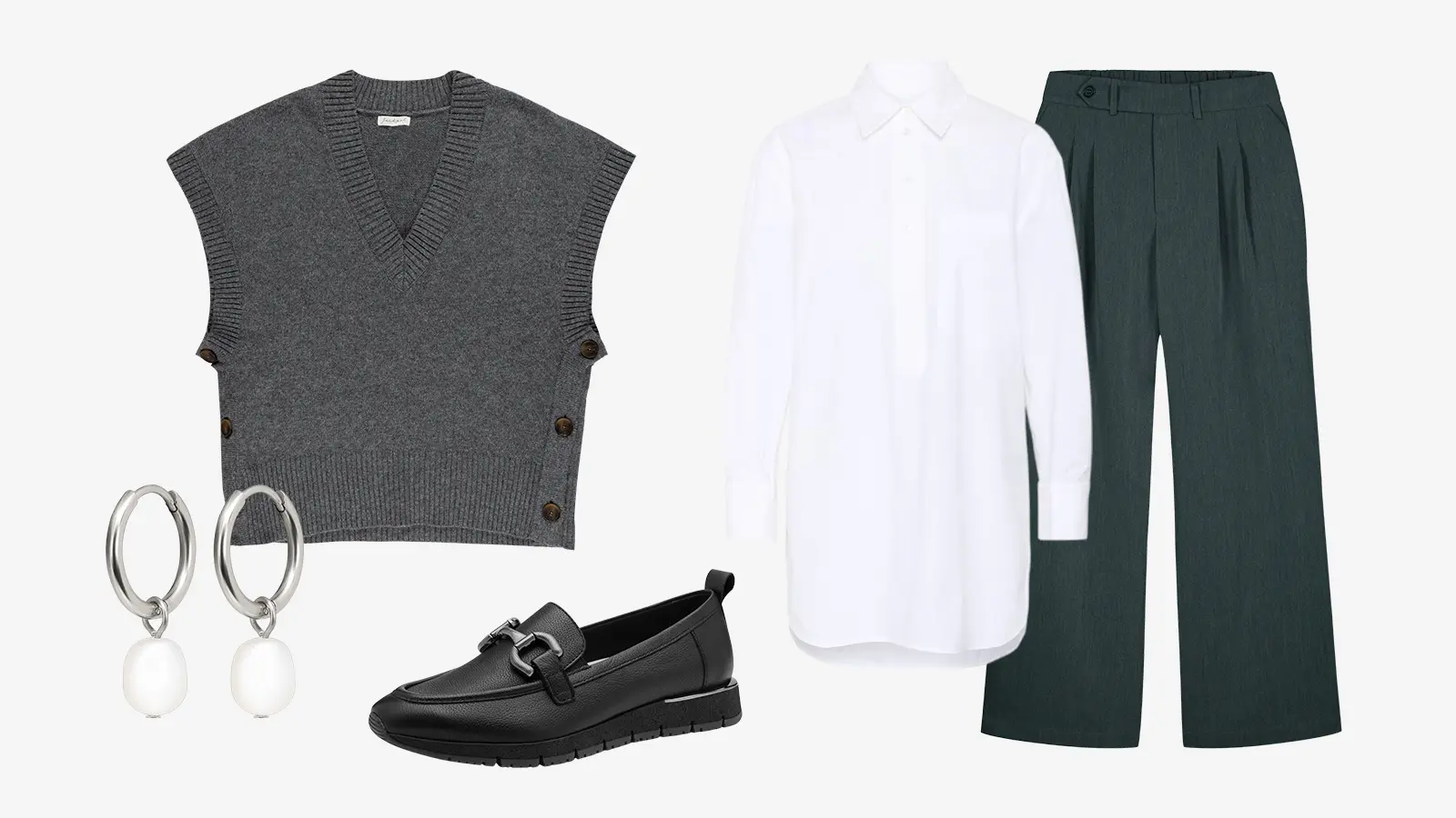 Jackpot neuleliivi Jensine, Inwear paitapusero, WKLY. naisten wide leg -housut, Edblad Perla korvakorut, Tamaris kävelykengät