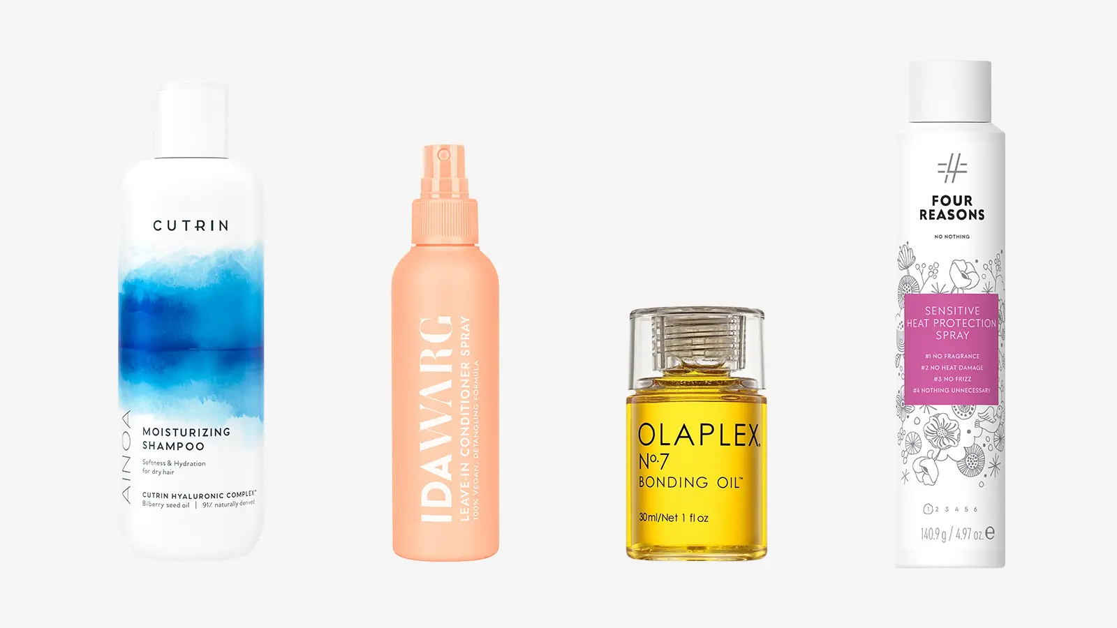 CUTRIN AINOA Kosteuttava shampoo, IDA WARG Beauty Jätettävä hoitoainesuihke, Olaplex No.7 Bonding Oil hiusöljy, Four Reasons No nothing Sensitive Heat Protection Spray lämpösuojasuihke