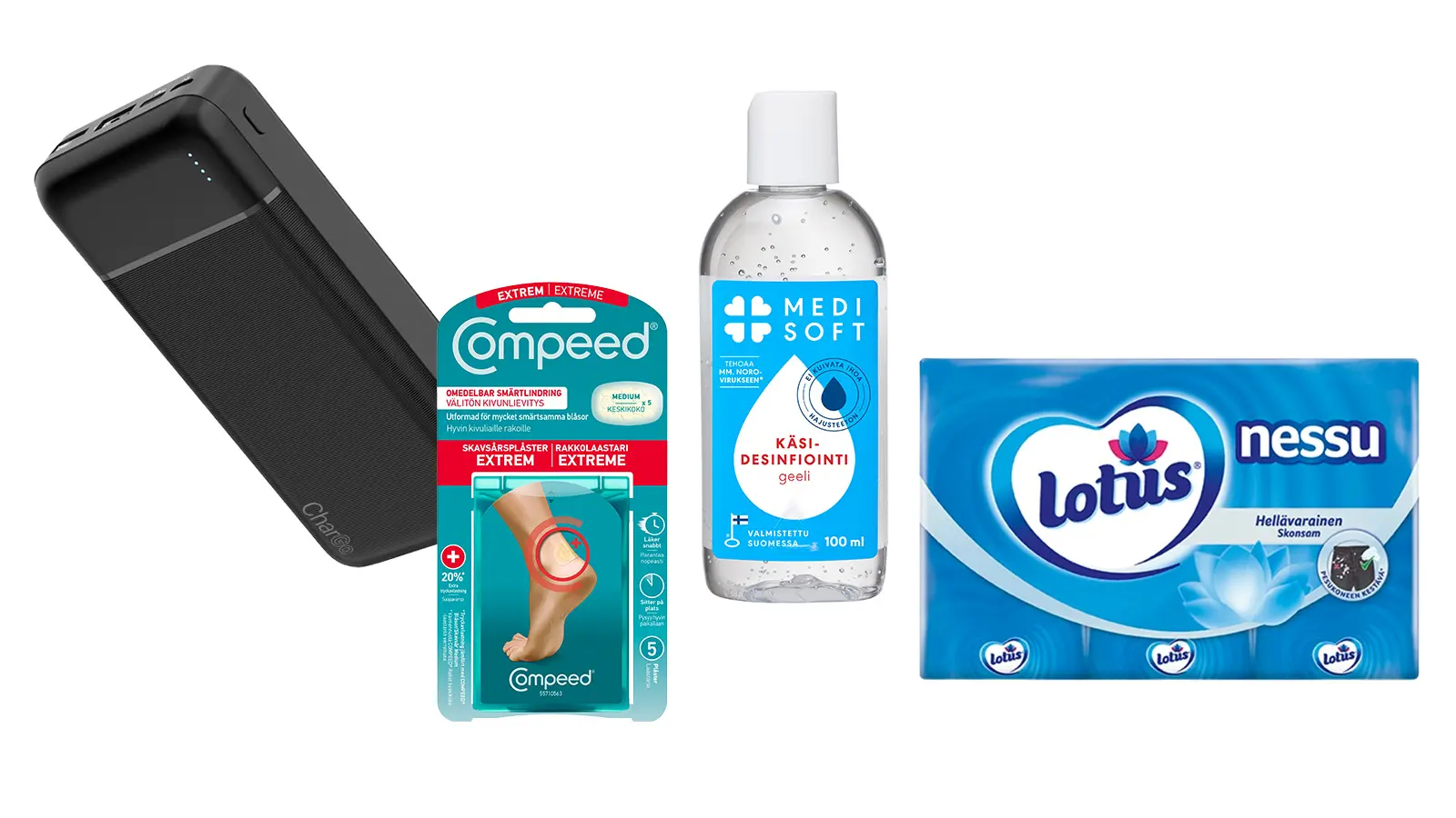 Varavirtalähde, rakkolaastareita, käsidesi ja nenäliinoja