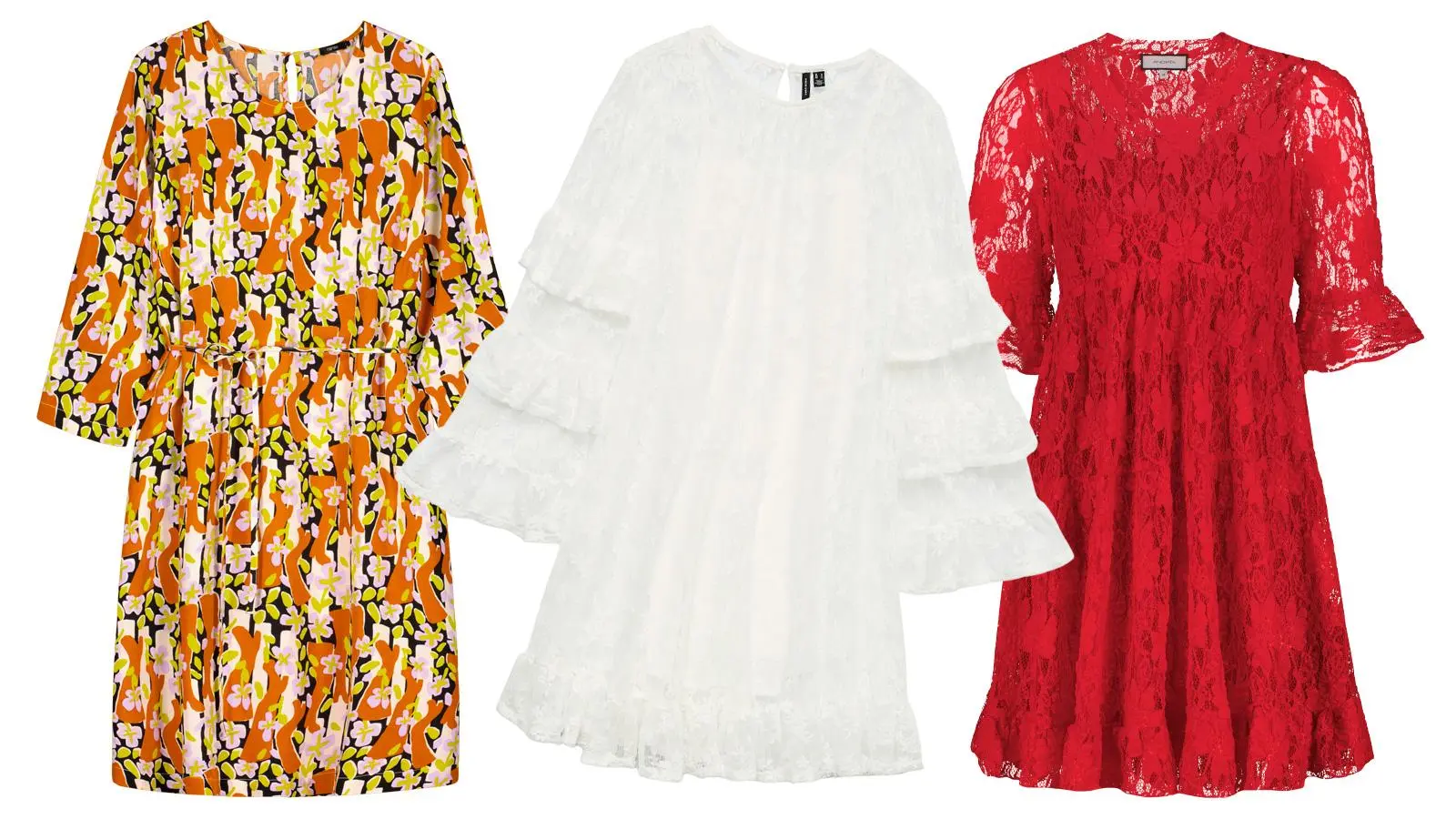 Boho-tyylisiä mekkoja rivissä.