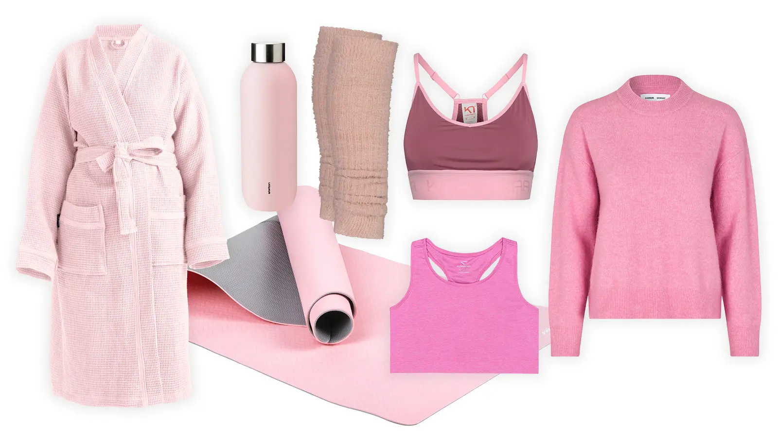 Vaaleanpunaisia vaatteita ja treenivälineitä