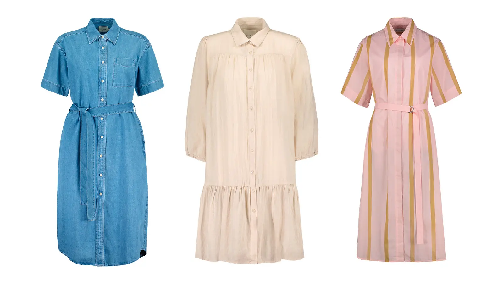 Kolme paitamekkoa, sininen, vaalean värinen ja raidallinen: merkeiltä Dedicated, Part Two ja Marimekko.