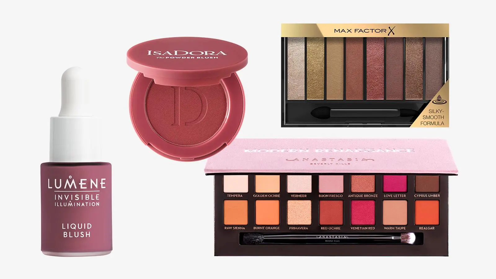 Lumene Invisible Illumination poskipunapisarat Berry Nectar, Isadora The Powder Blush poskipuna Deep Berry, Max Factor Masterpiece Nude Palette Cherry Nudes, Anastasia Beverly Hills Modern Renaissance