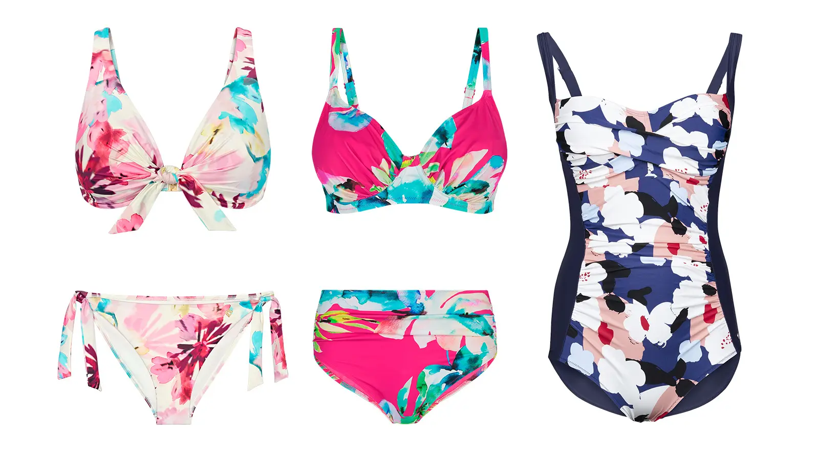 Rypytettyjä uima-asuja: kahdet kukalliset bikinit ja kukallinen uimapuku.