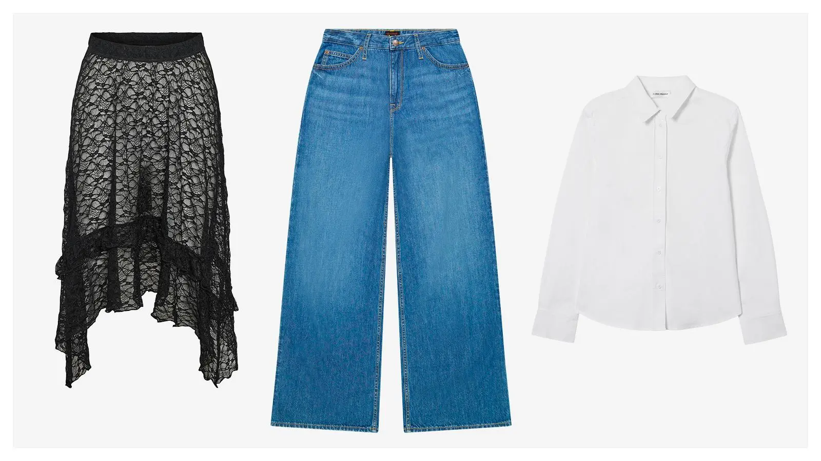 Musta pitsihame, leveälahkeiset farkut, valkoinen kauluspaita