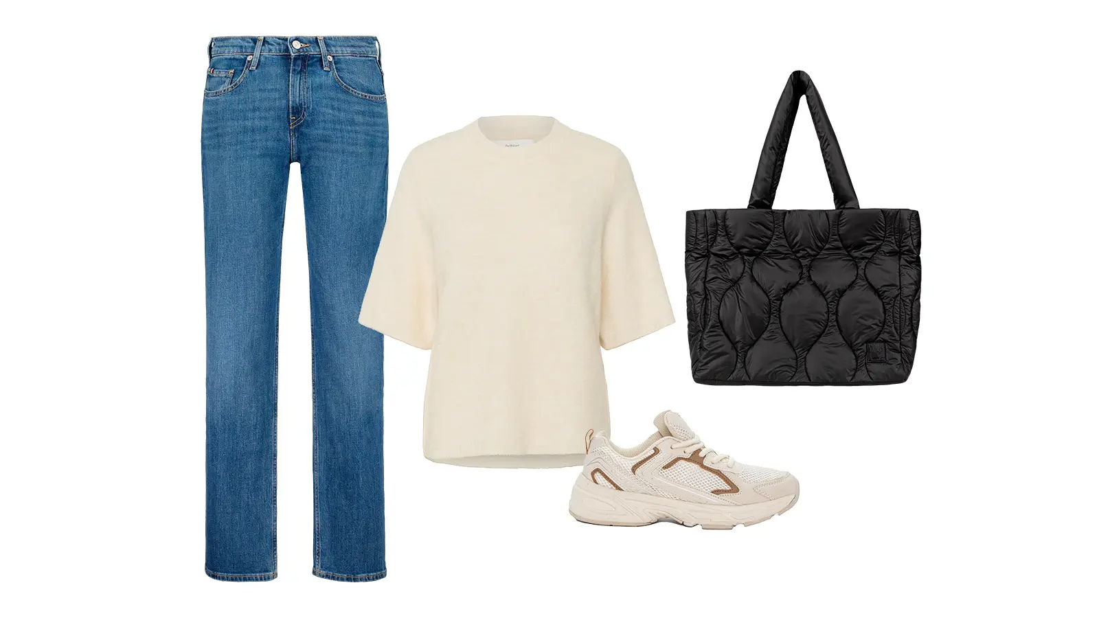 Farkut, vaalea neule, tote-kassi ja lenkkarit