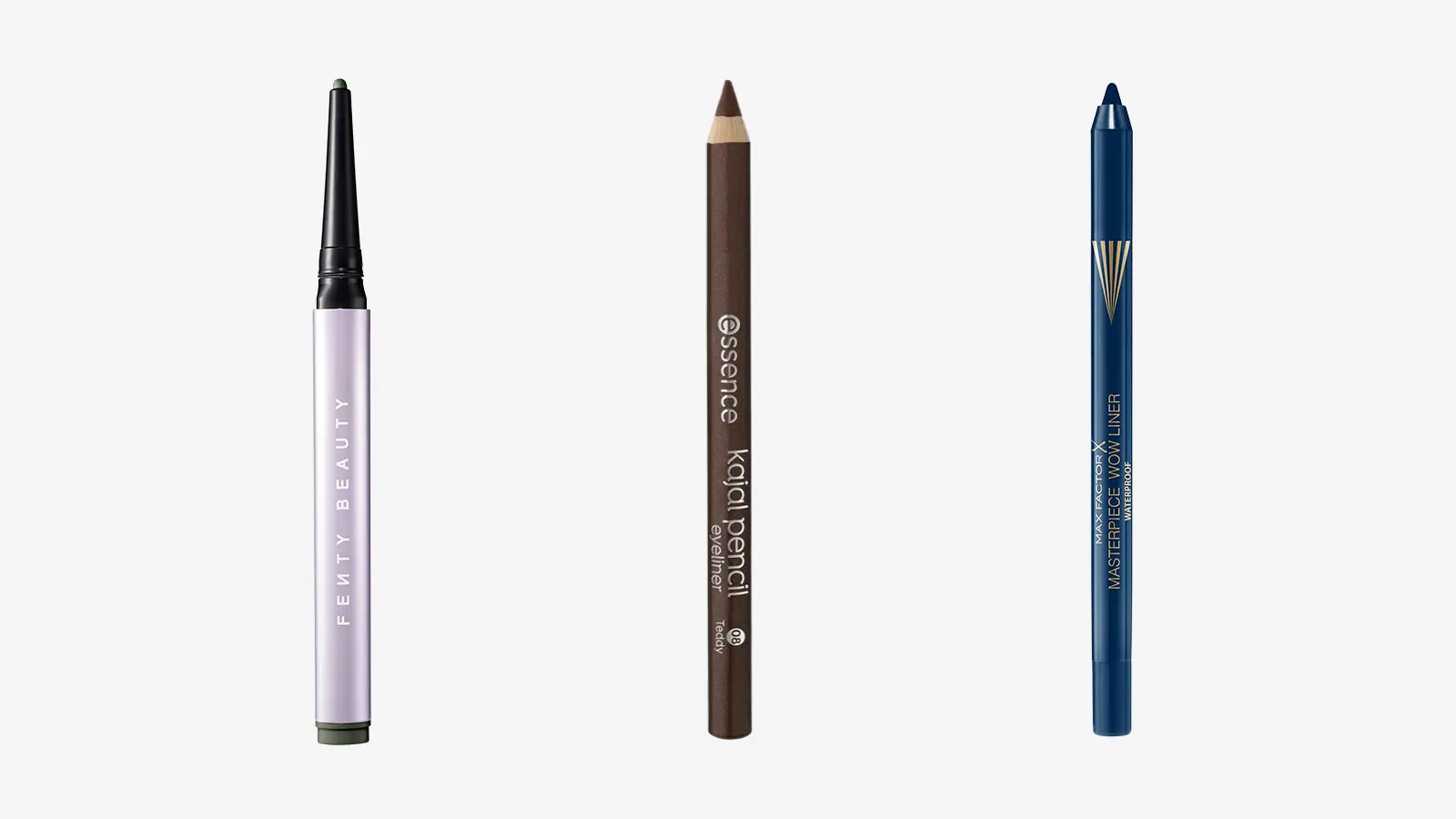 Fenty Beauty Flypencil Longwear Pencil Eyeliner, Essence kajal pencil 08 teddy, Max Factor Masterpiece WOW Liner Dark Navy