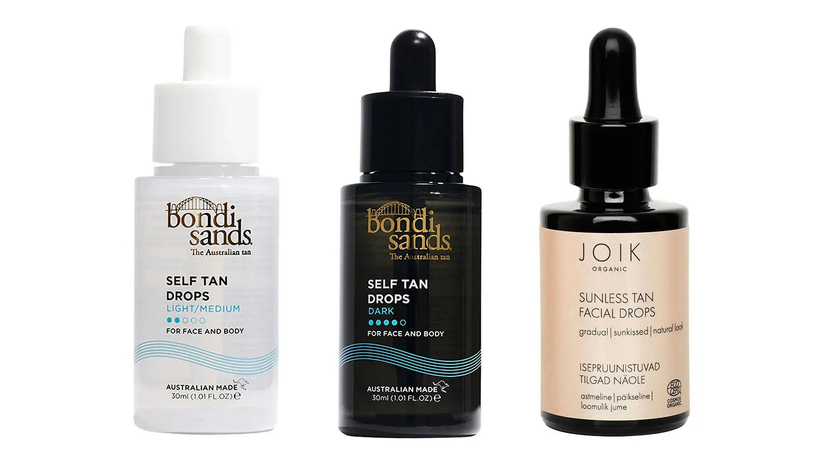 Kolme pulloa itseruskettavia tippoja: merkeiltä Bondi Sands ja Joik Organic.