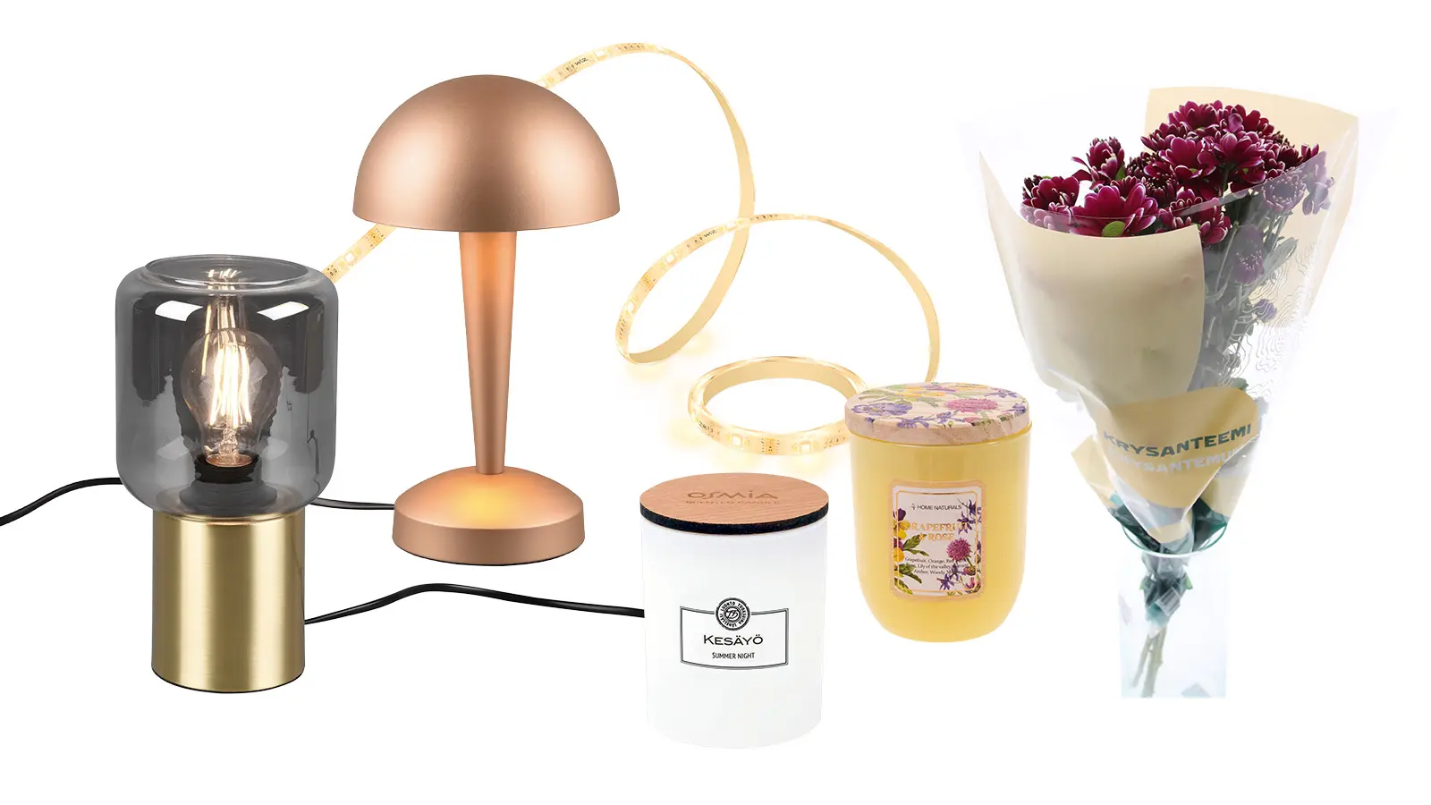 Lamppuja, kynttilöitä ja kukkia