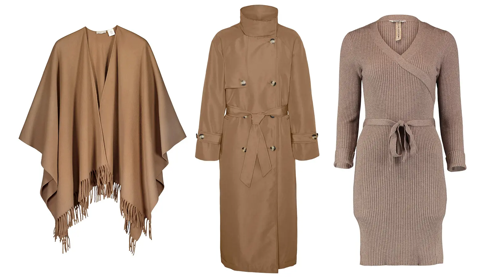 Ruskean sävyinen poncho, takki ja neulemekko
