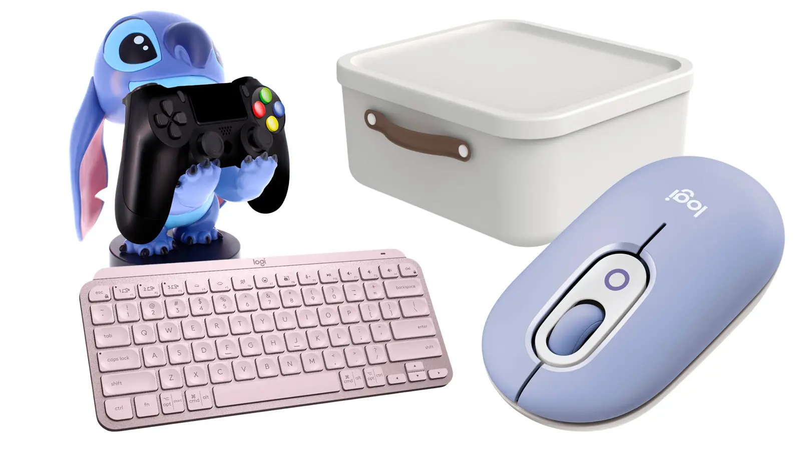 Teline peliohjaimelle, säilytyslaatikko, langaton näppäimistö ja langaton hiiri