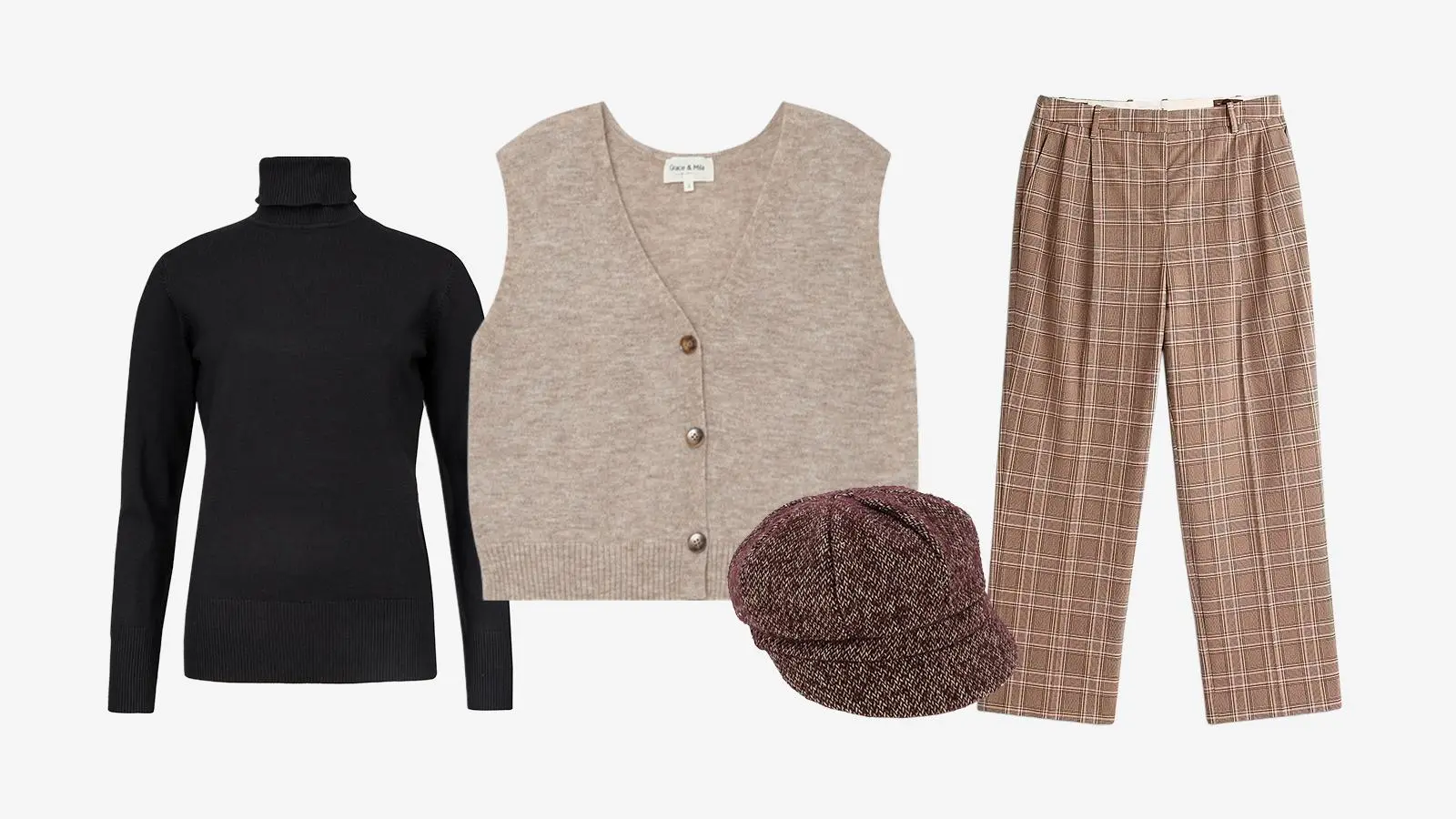 House naisten pooloneule Bethanym, Grace&Mila neuleliivi, Lempi lippahattu Saara, Tommy Hilfiger housut