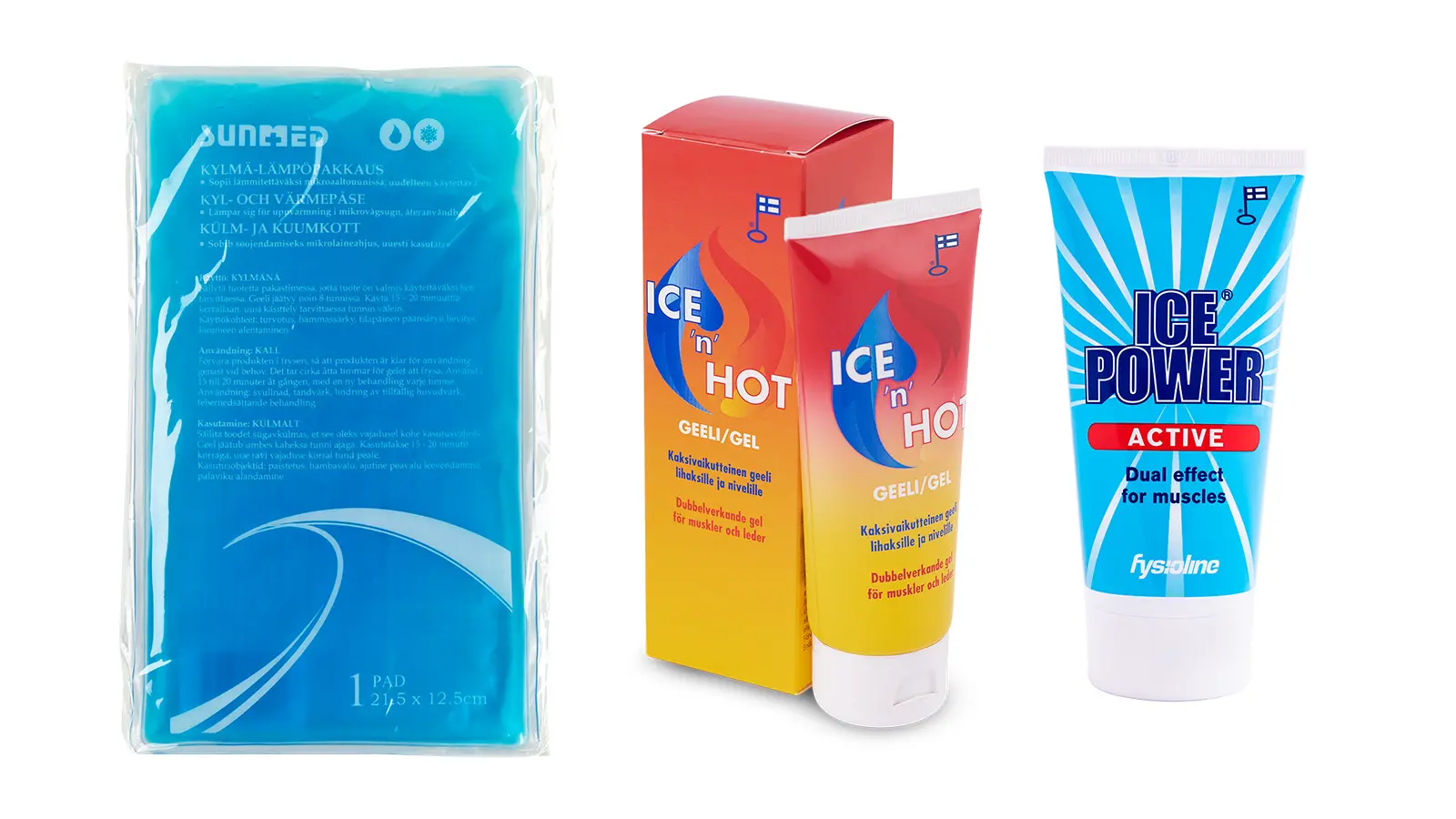 Erilaisia kylmä- ja kuumahoitotuotteita