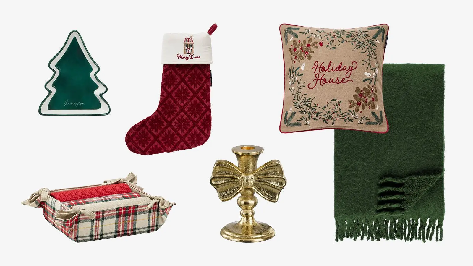 Lexington Kuusi lautanen, Amo La Casa keittiöpyyhesetti, Lexington Jacquard joulusukka, Mica decorations Kynttilänjalka Rusetti, Lexington Joulutalo tyynynpäällinen, Fanni K Torkkupeitto Valma