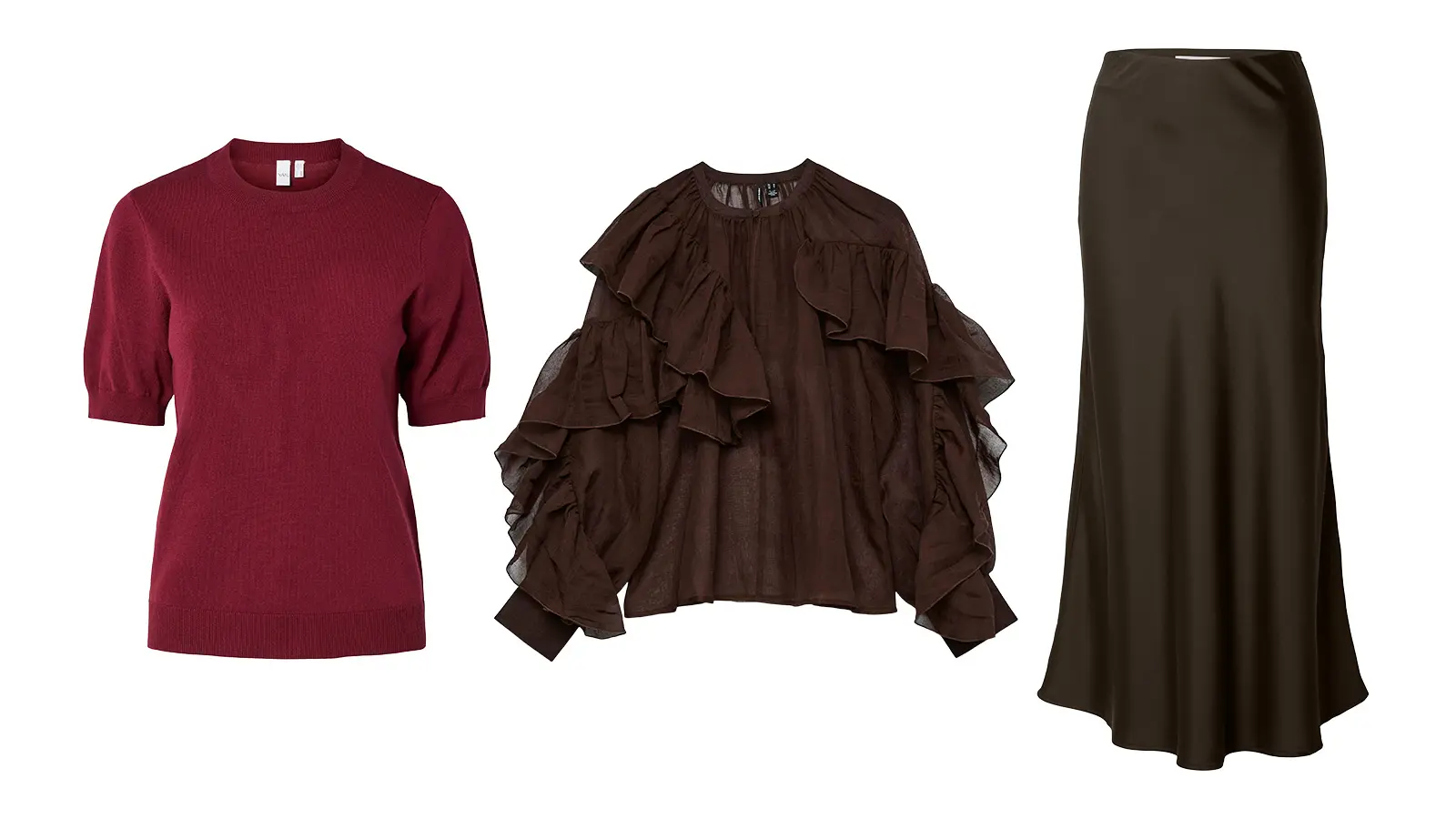 Lyhythihainen viininpunainen neule, juhlava tummanruskea sifonkipaita ja musta satiinihame