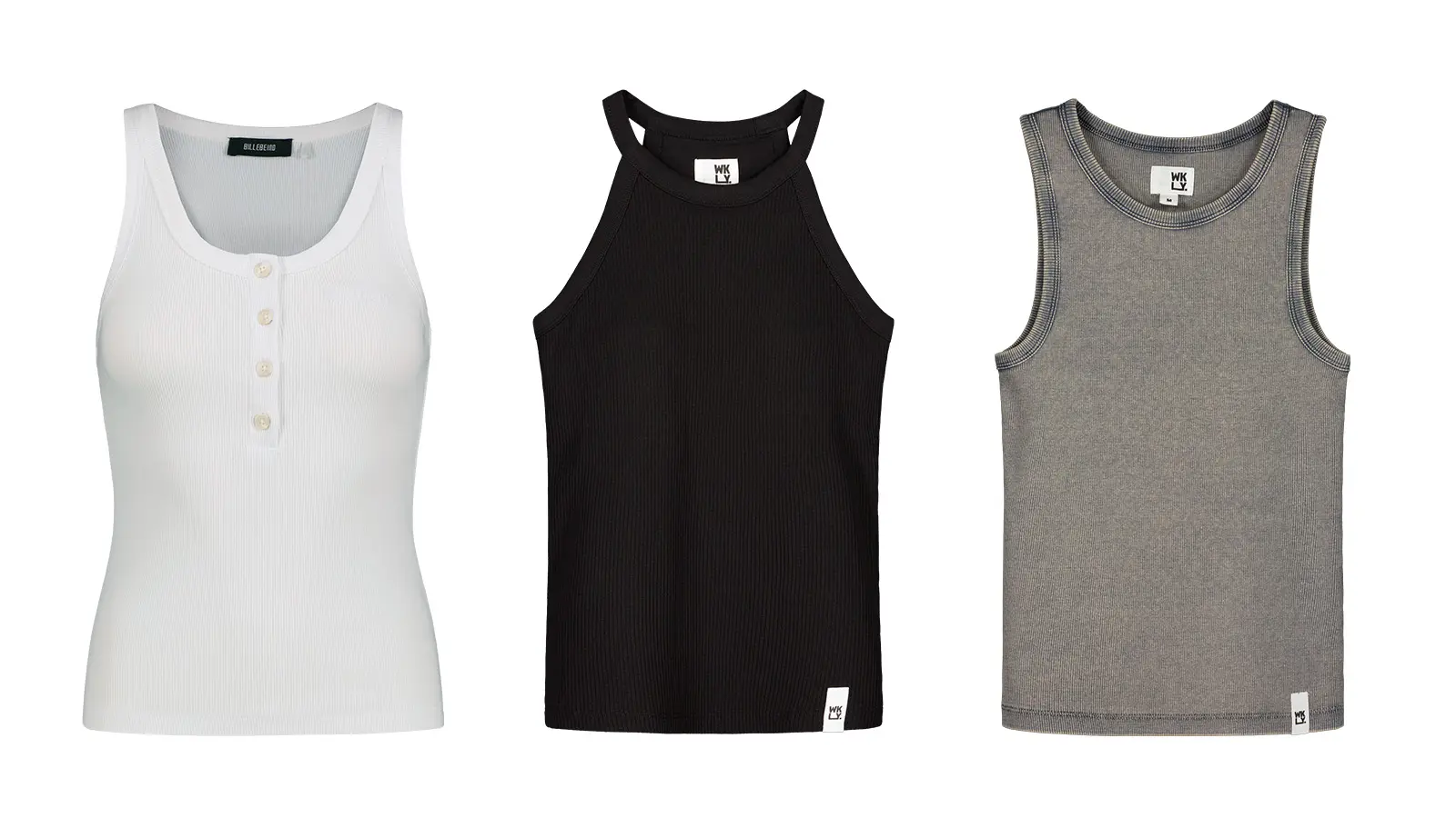 Kolme tank-topia: valkoinen, musta ja harmaa.