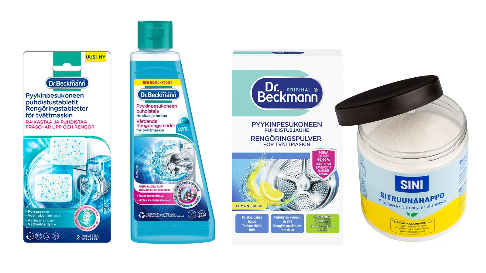 Pyykinpesukoneen puhdistajia ja sitruunahappo