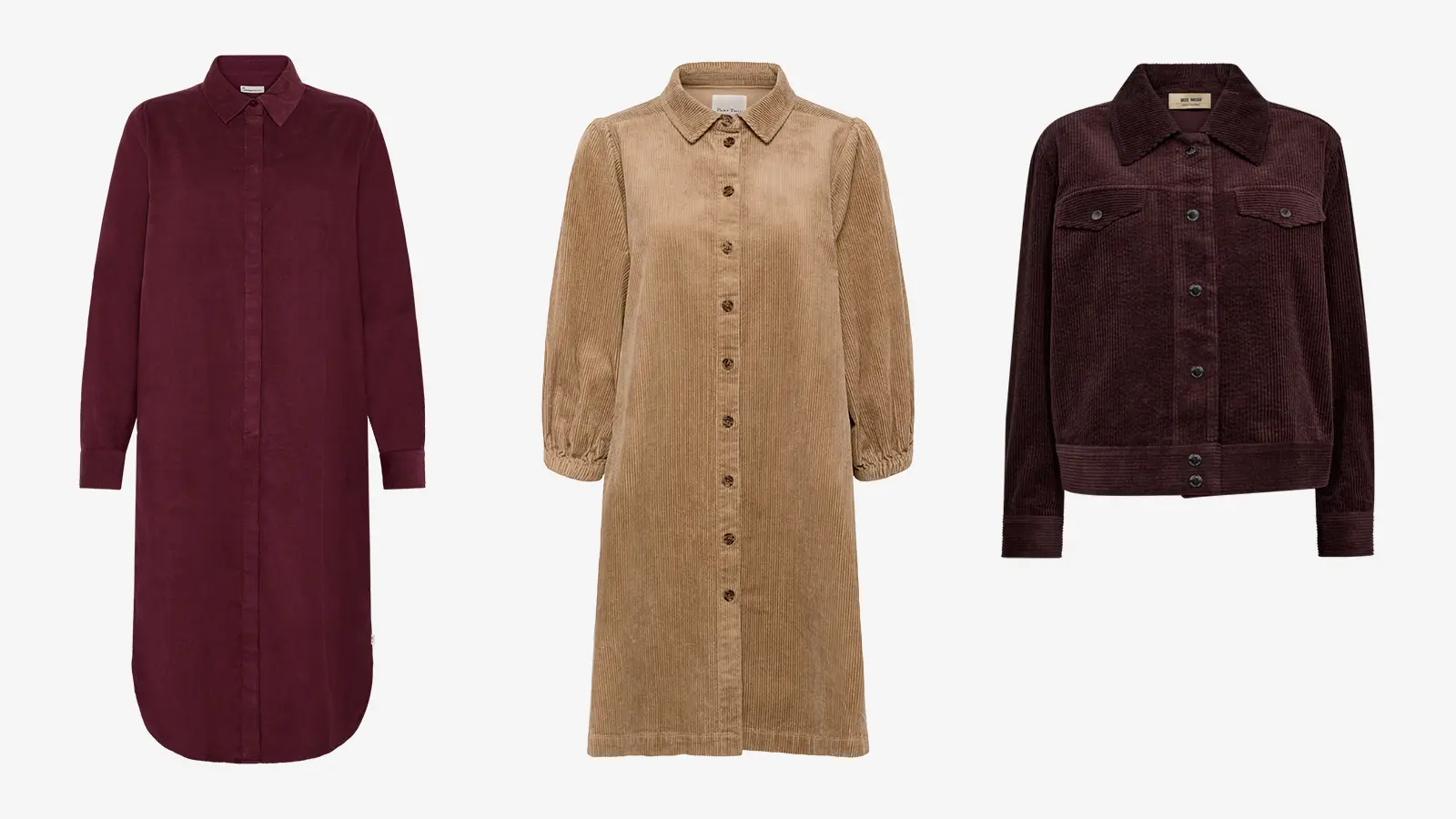 Tummanpunainen paitamallinen samettimekko, vaaleanruskea paitamallinen samettimekko ja tummanpunainen jakku