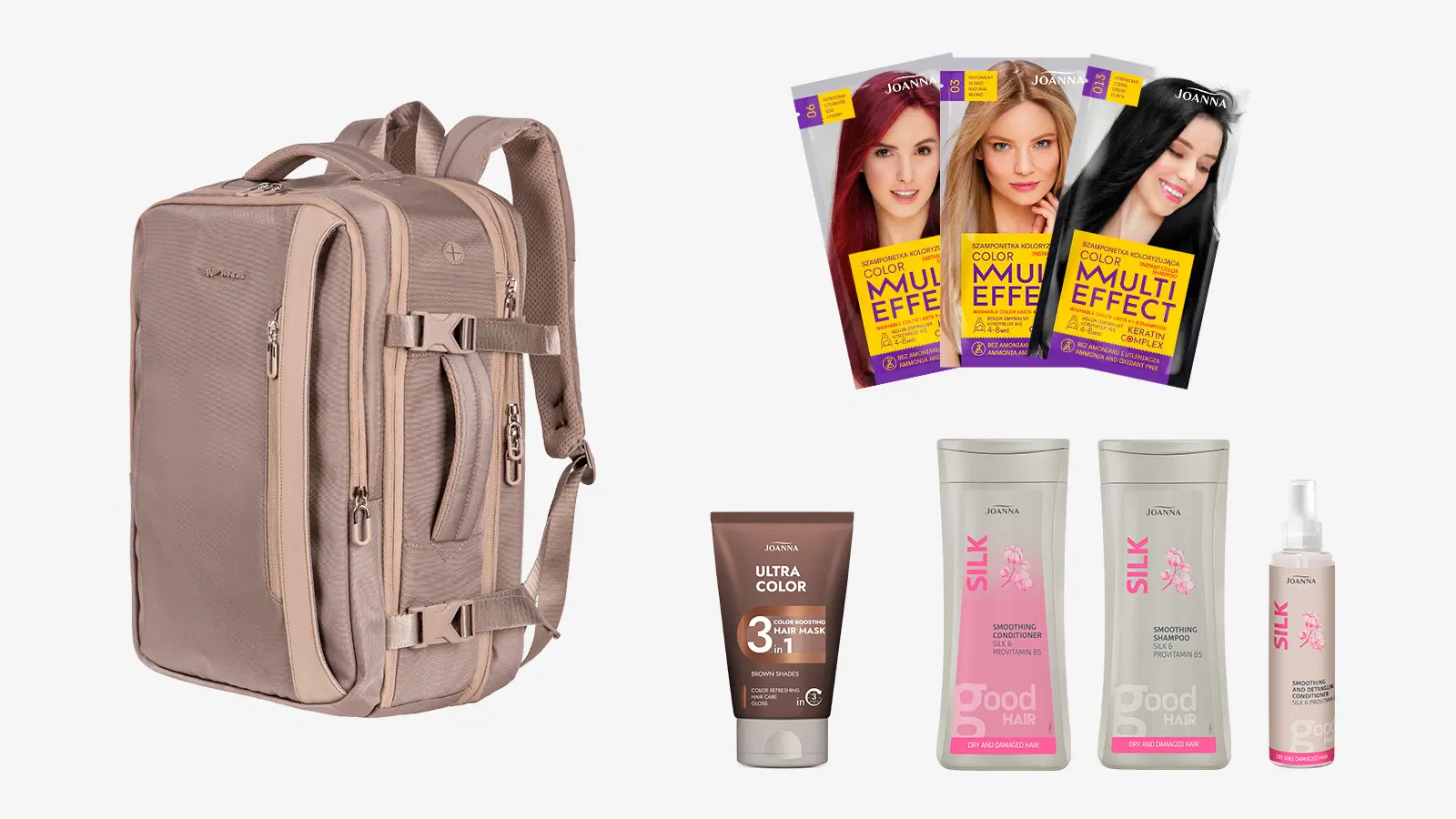 Beige reppu, Joanna Multi Effect -shampoo kolmessa sävyssä, Joanna Ultra Color Boosting -hiusnaamio, Joanna Silk-shampoo, silk-hoitoaine ja silk- jätettävä suihkehoitoaine