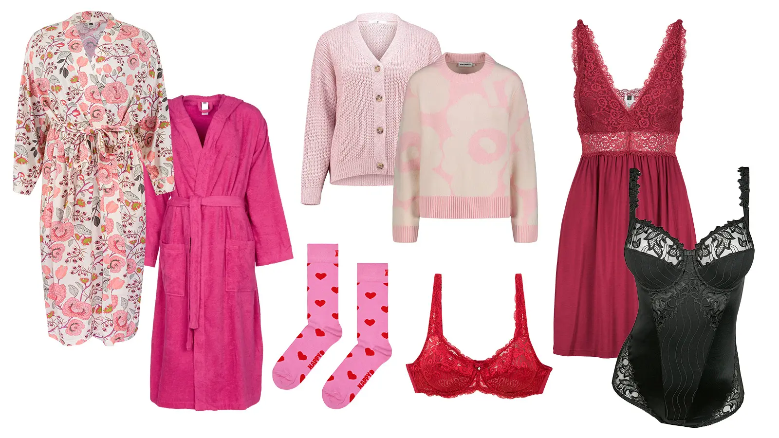 Erilaisia ystäväpäivälahjoja naisille, vaatteita ja alusasuja
