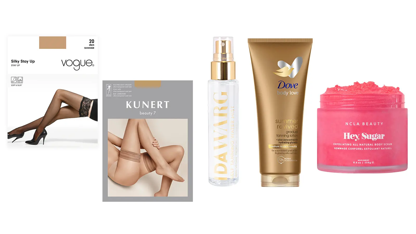 Stay-up -sukkia, itseruskettavia ja kuorintavoide