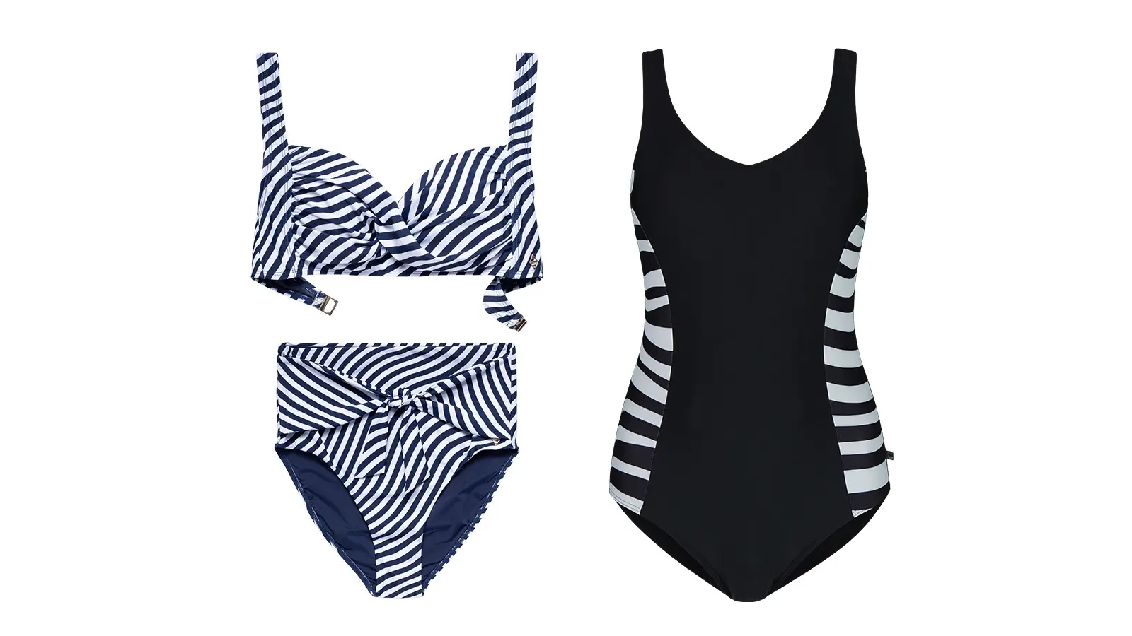 Raidallinen bikinin yläosa ja alaosa sekä musta uimauku, jossa raitoja kyljessä.