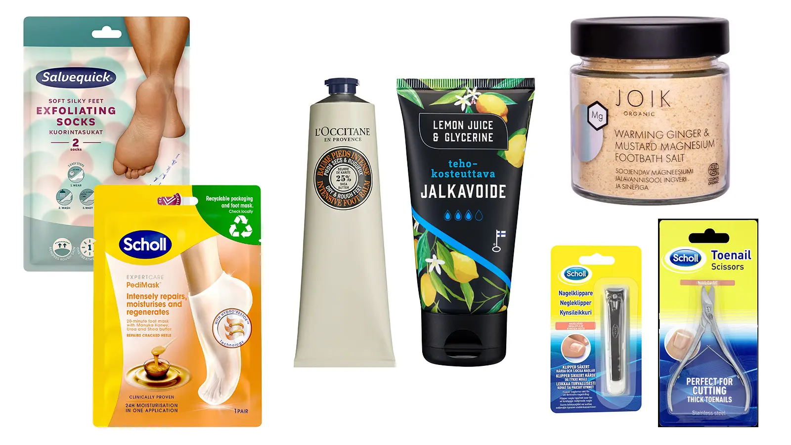 Erilaisia jaloille tarkoitettuja hoitotuotteita