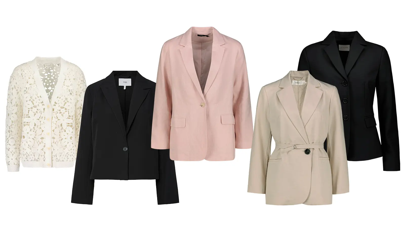 Viisi bleiseriä rivissä.