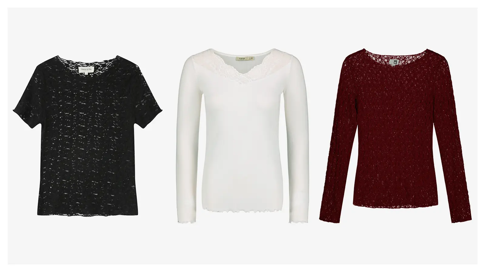 Musta pitsinen t-paita, valkoinen trikoopaita pitsireunalla, tummanpunainan pitsipaita