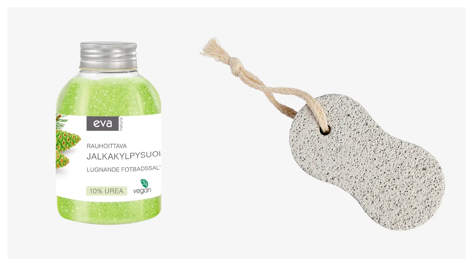 Eva Natura rauhoittava jalkakylpysuola ja Cailap hohkakivi